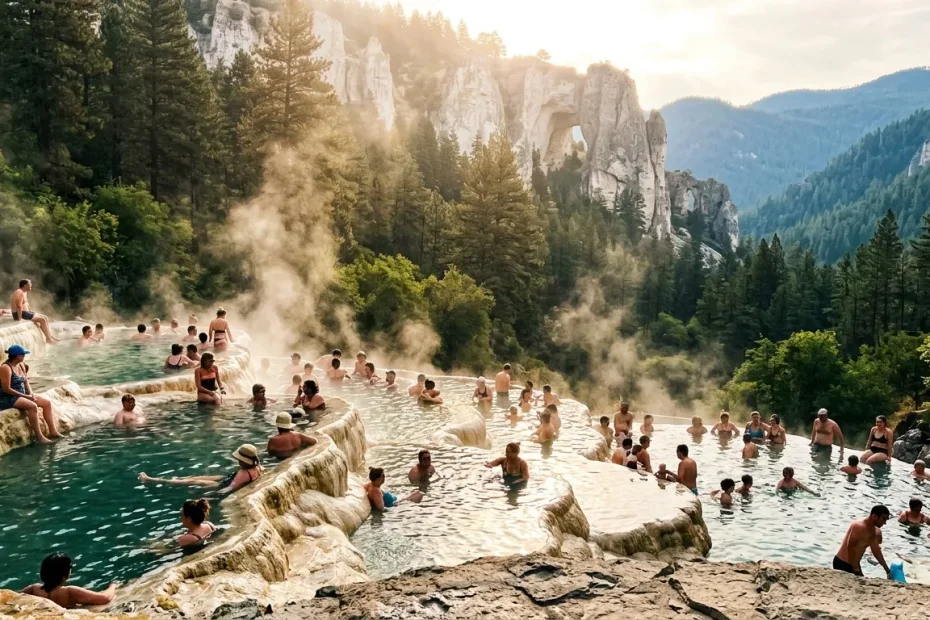 Touristes baignant dans les eaux turquoise thermales naturelles entourées de falaises rocheuses et de forêts de conifères