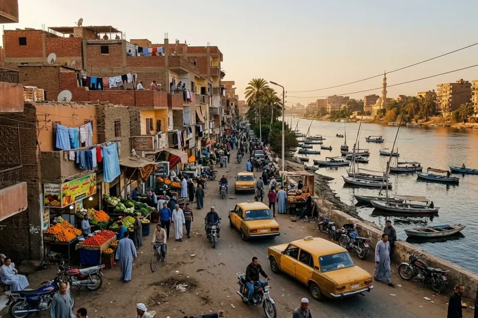 Rue animée égyptienne avec bateaux, marché et taxi jaune.