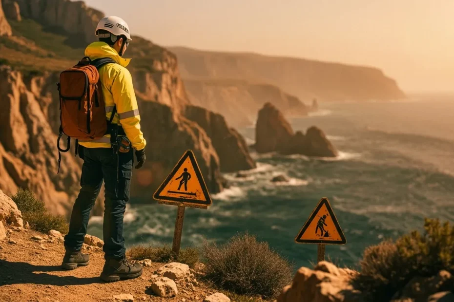 Ouvrier en jaune surveille falaises côtières avec panneaux avertissement