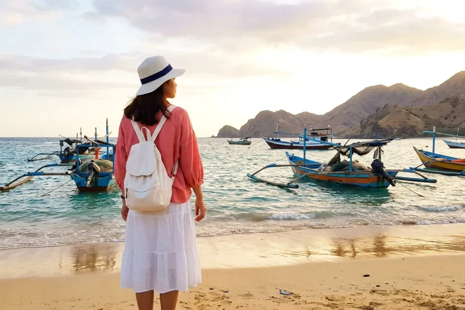 Femme en sac à dos observant les bateaux de pêche colorés