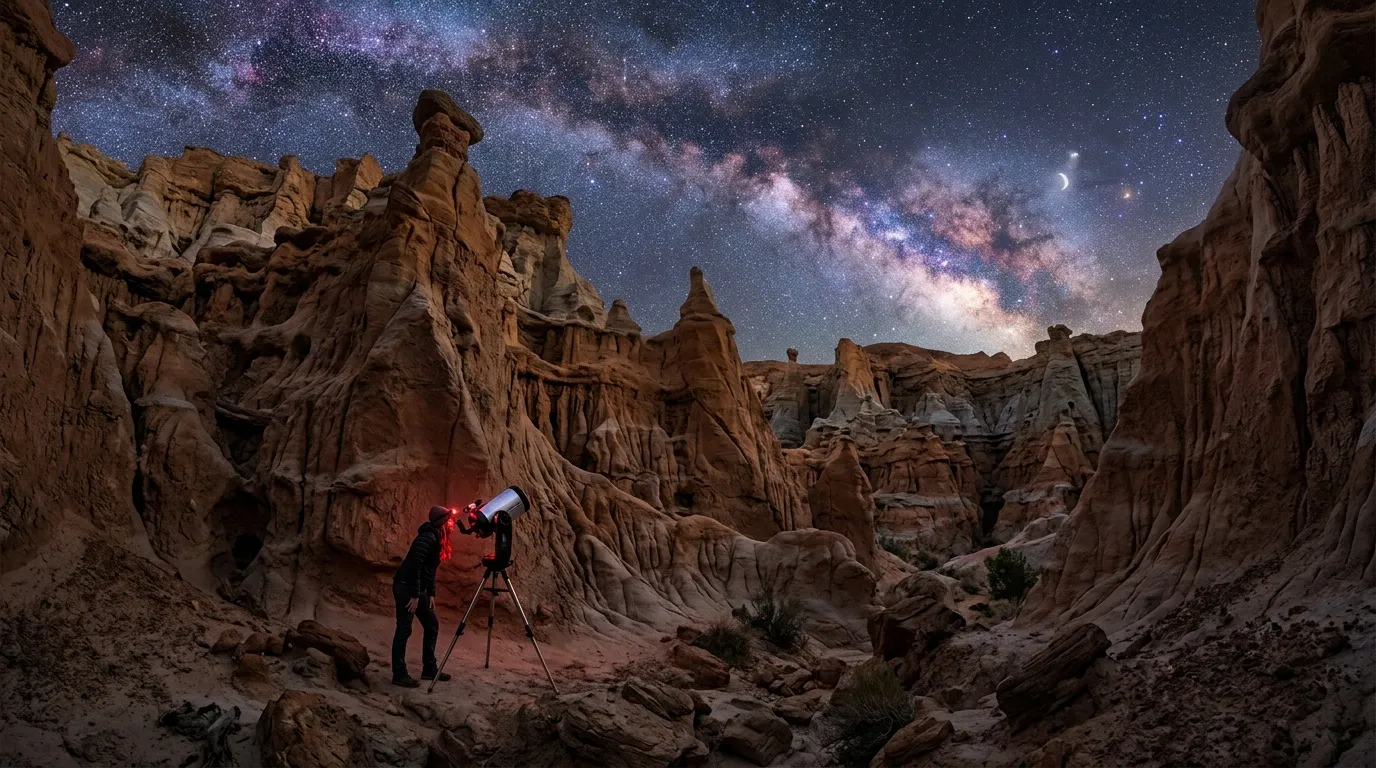 Astronome avec télescope observant ciel étoilé désert rocheux
