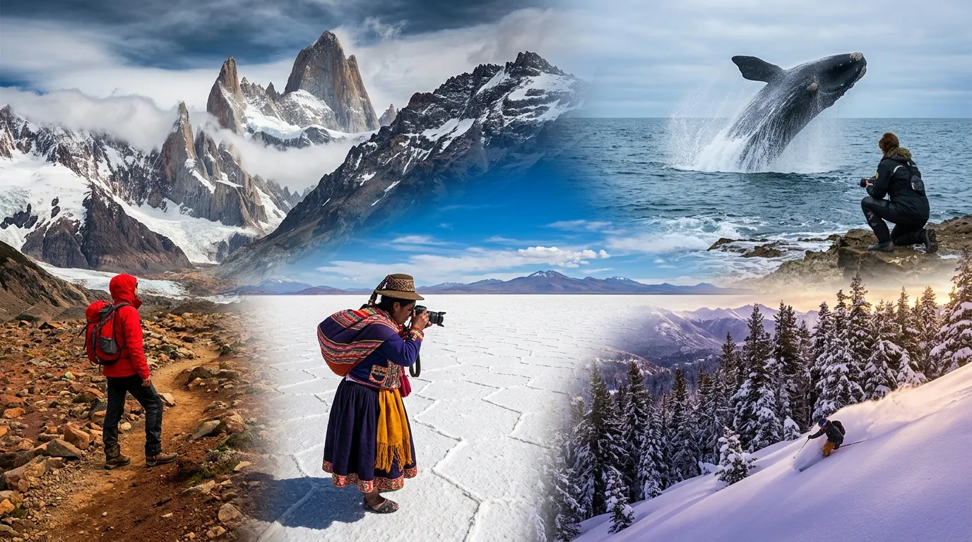 Collage montrant trekking, photographie, baleine et ski montagne