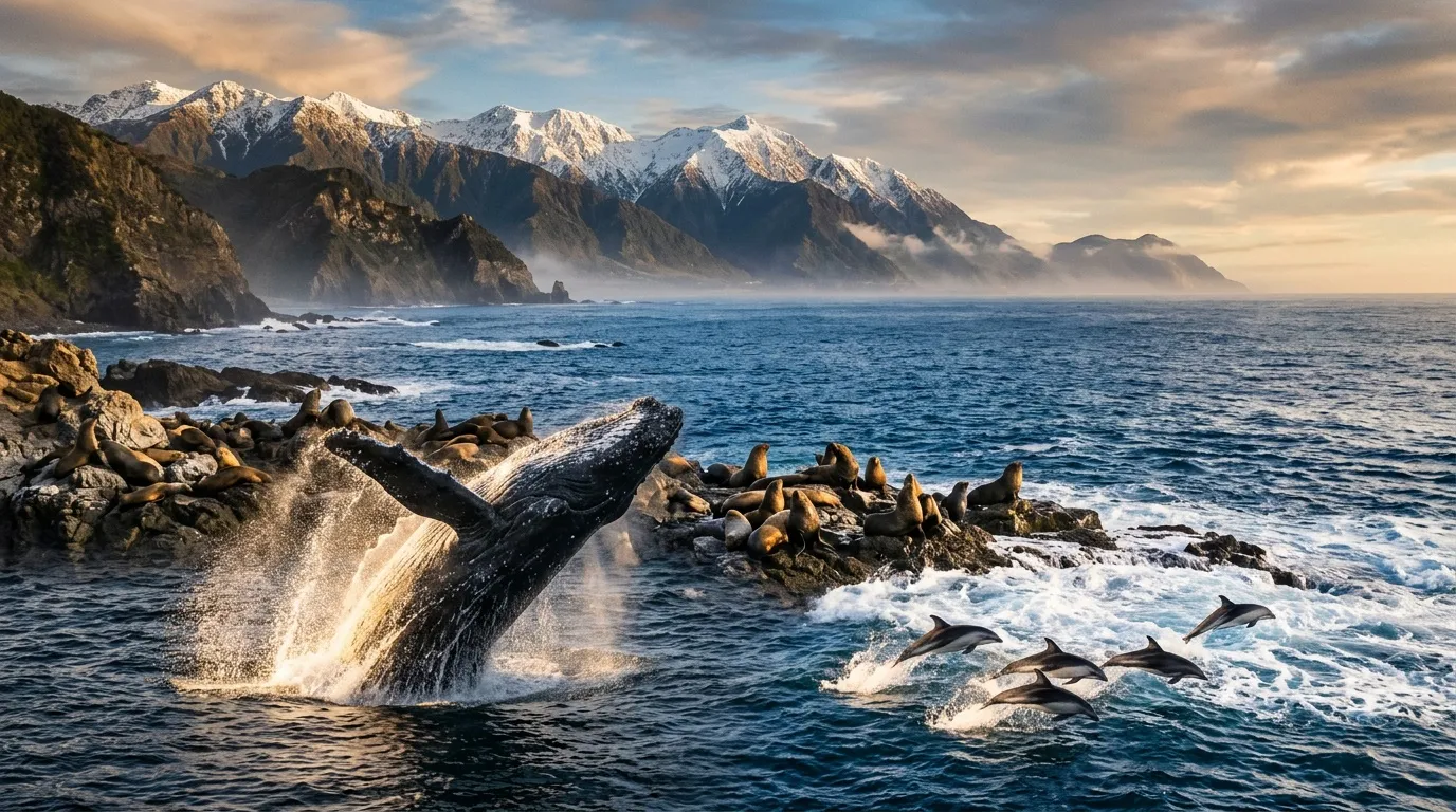 Baleine breaching avec dauphins, montagnes enneigées en arrière-plan