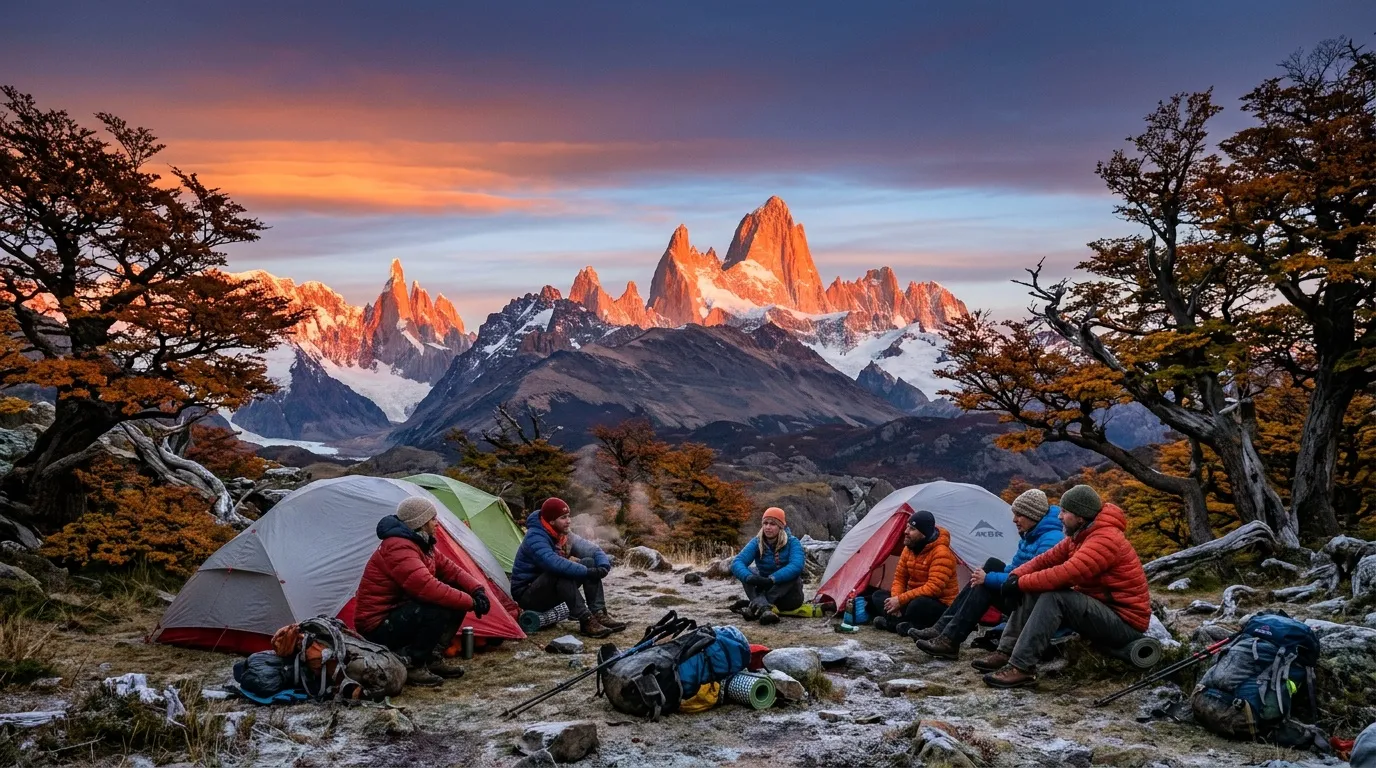 Groupe de randonneurs campant face aux pics montagneux enneigés au crépuscule