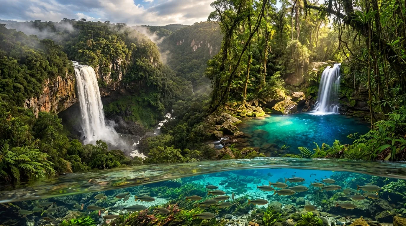 Cascades dans jungle tropicale avec lac turquoise cristallin