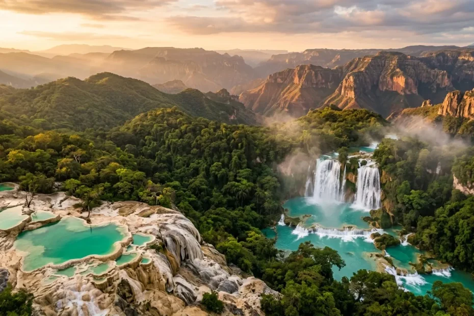 Cascades turquoises dans une vallée verte entourée de falaises