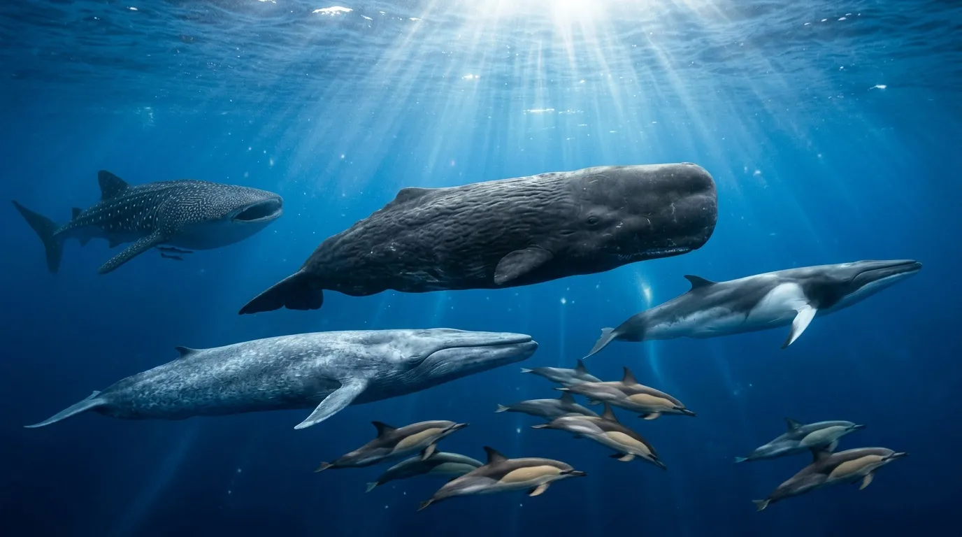 Baleine, cachalot, dauphin et requin-baleine sous-marins