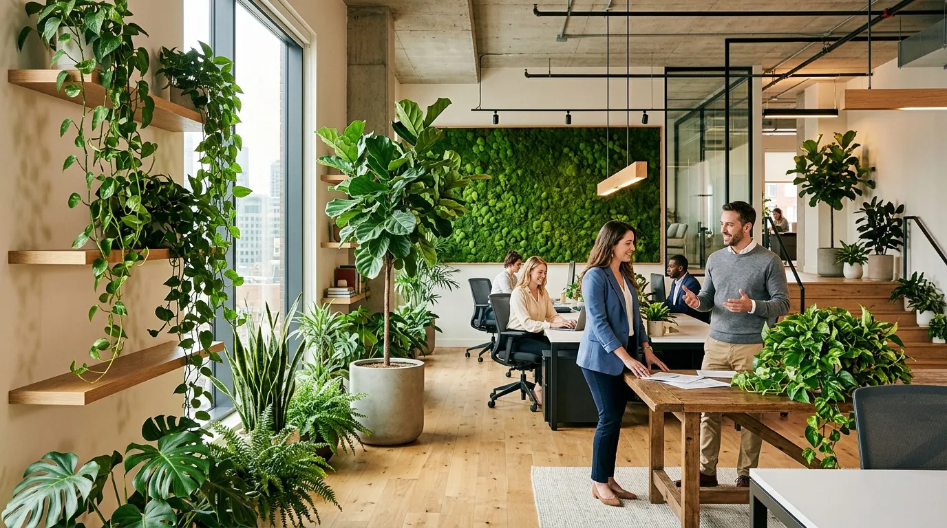 Bureau écologique avec plantes vertes et employés collaborant