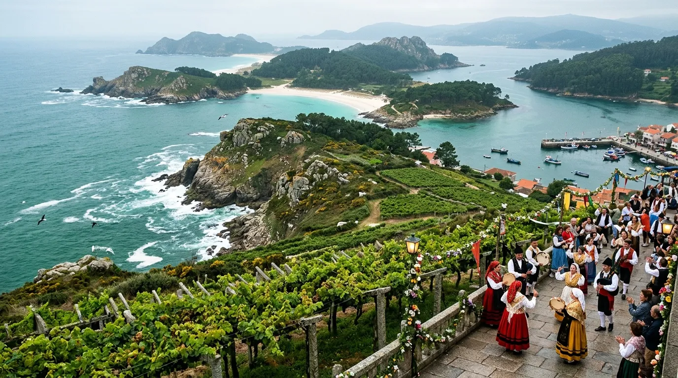 Célébration traditionnelle galicienne surplombant îles et vignobles
