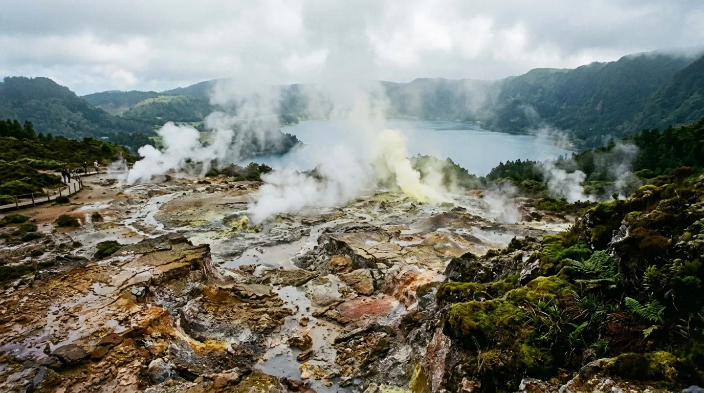 Geysers fumants près d'un lac montagneux verdoyant
