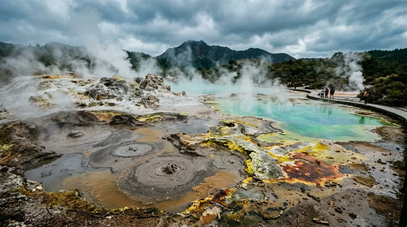 Paysage géothermique avec geysers, vapeur et bassins colorés