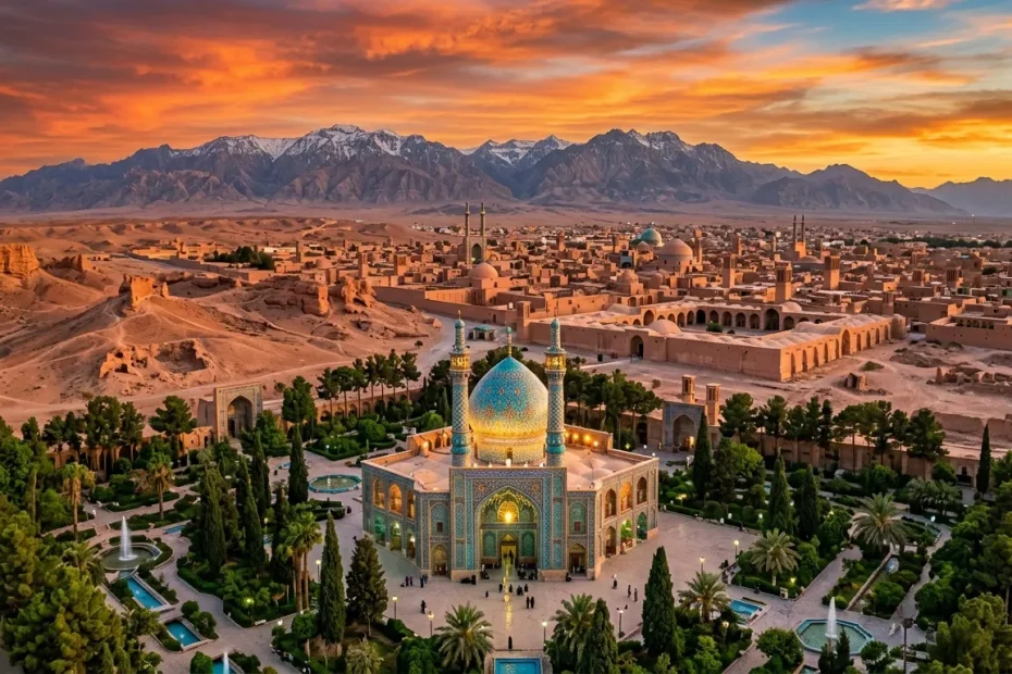 Mosquée bleue iranienne au coucher soleil, montagnes enneigées arrière-plan