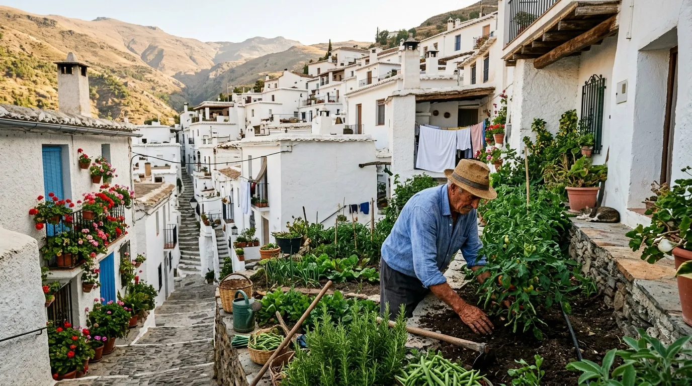 Homme cultivant un jardin dans village blanc espagnol montagneux