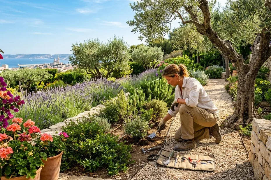 Femme jardinière travaillant dans un jardin méditerranéen fleuri avec vue sur la mer.