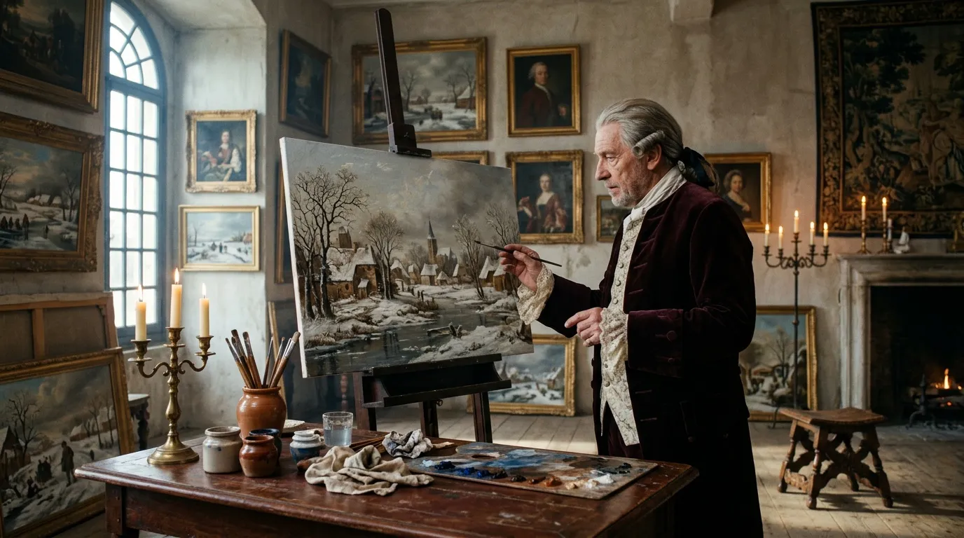 Artiste peignant un paysage d'hiver dans un atelier historique.
