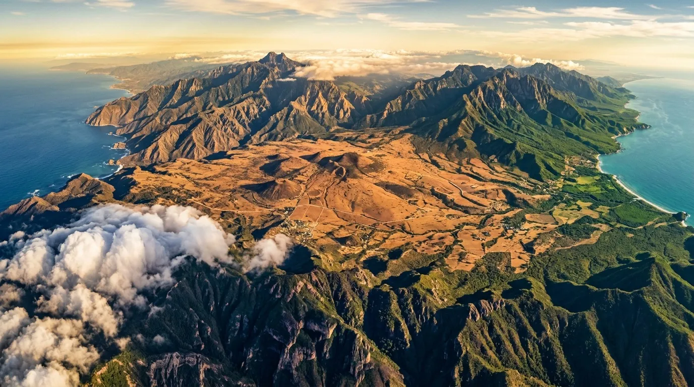 Vue aérienne d'une île volcanique avec montagnes et océan turquoise