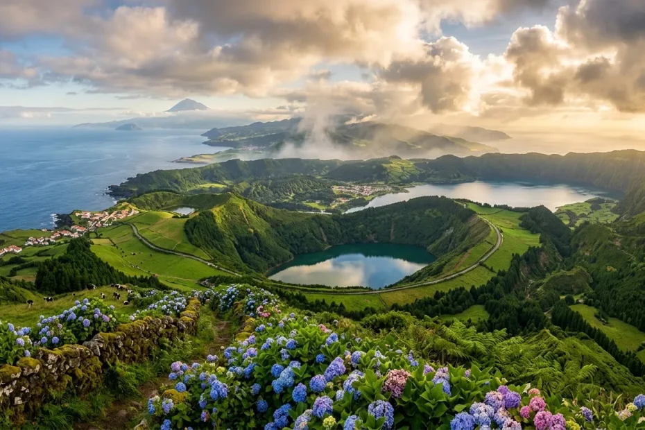 Lac de cratère aux fleurs bleues, îles volcaniquesverdoyantes