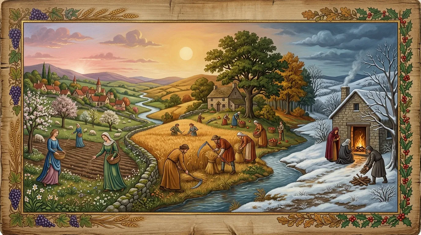 Illustration médiévale montrant quatre saisons avec paysans travaillant