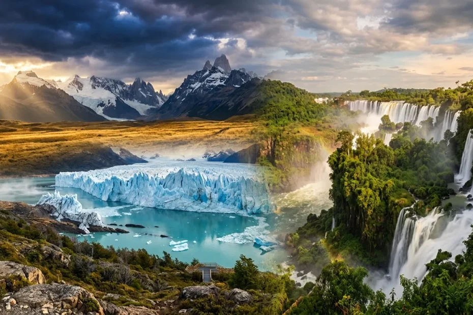 Glacier, montagnes enneigées et cascades spectaculaires réunies