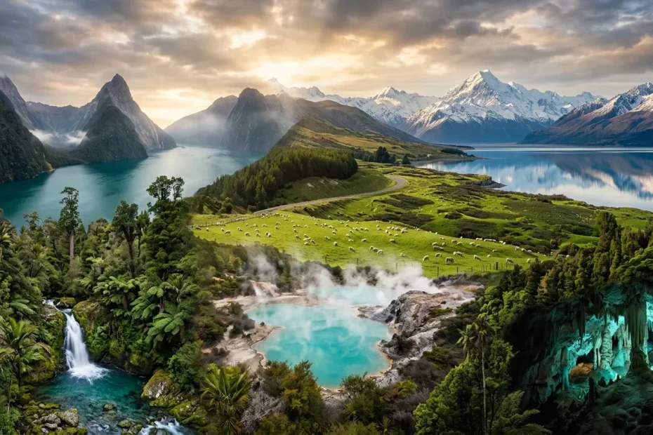 Paysage montagneux avec lacs turquoise, geysers, forêts verdoyantes