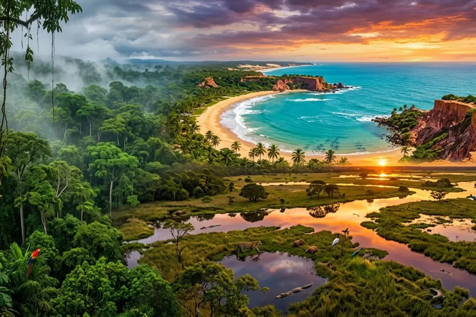 Jungle luxuriante, marais, plage turquoise et coucher soleil