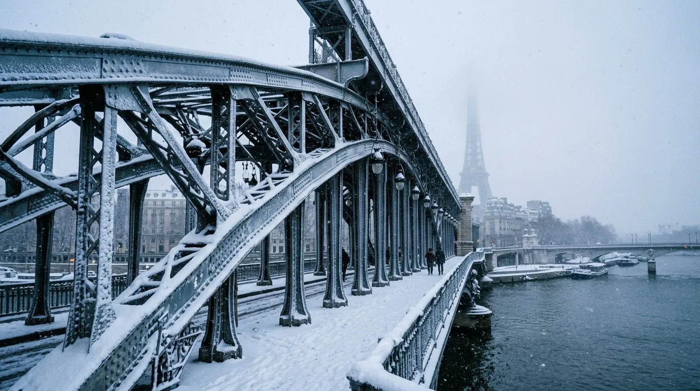 Pont métallique enneigé avec la Tour Eiffel en arrière-plan