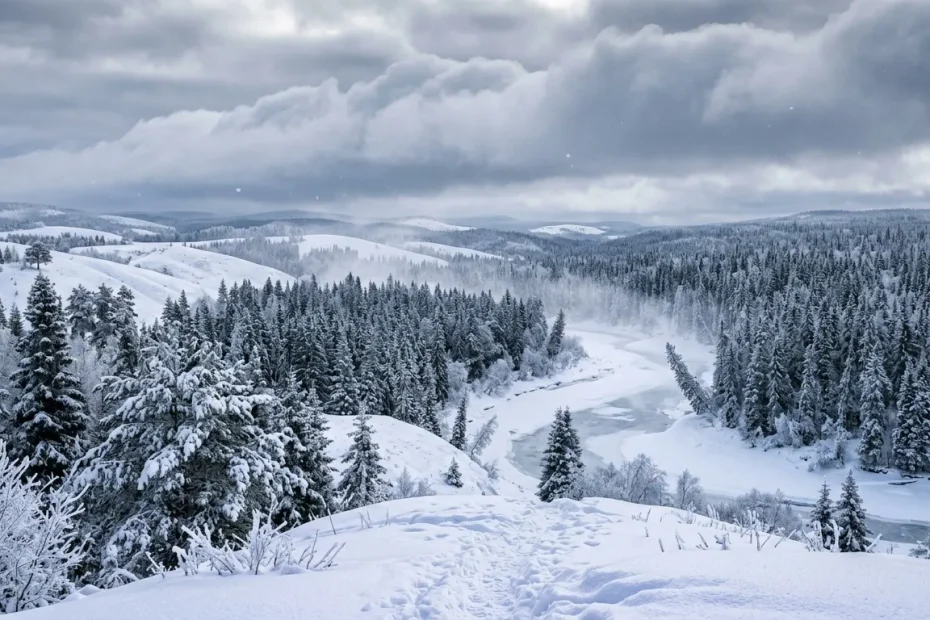 Vallée enneigée avec forêts de sapins et montagnes lointaines