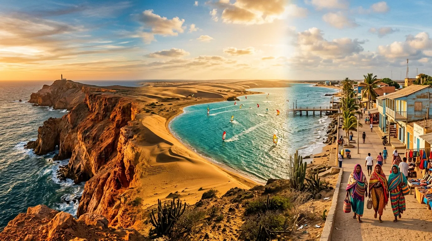 Plage tropicale avec falaises rocheuses, baigneurs et village côtier.
