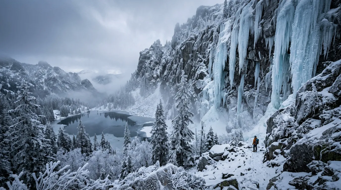 Randonneur contemplant lac glacé entouré cascades gelées montagnes