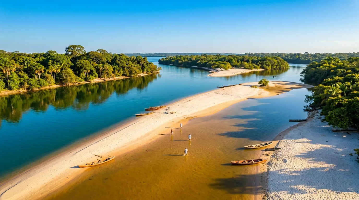 Fleuve avec îles de sable, pirogues, forêt tropicale dense