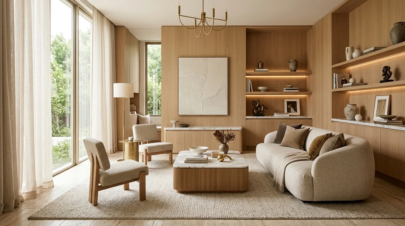 Salon élégant aux tons bois avec canapé beige et étagères intégrées