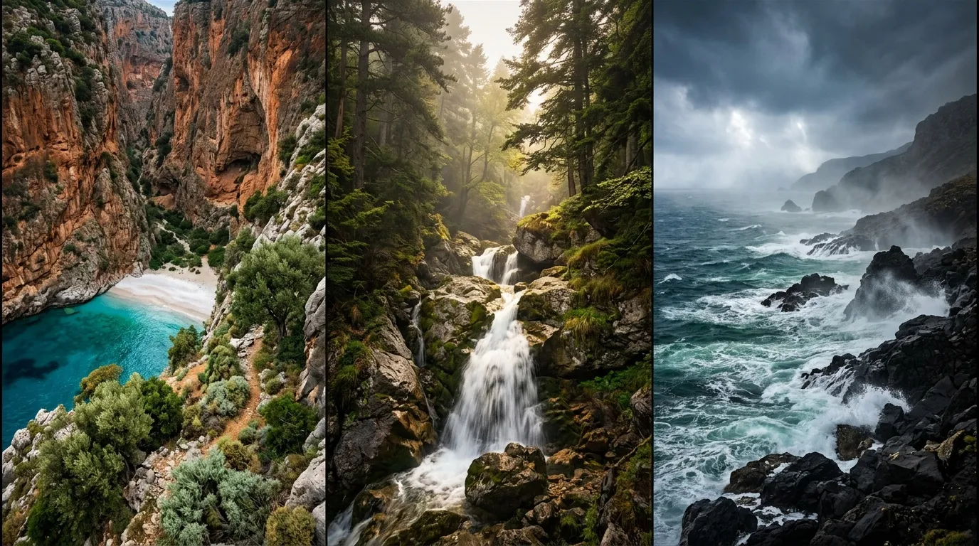 Trio de panoramas côtiers et forestiers avec falaises, cascade, mer