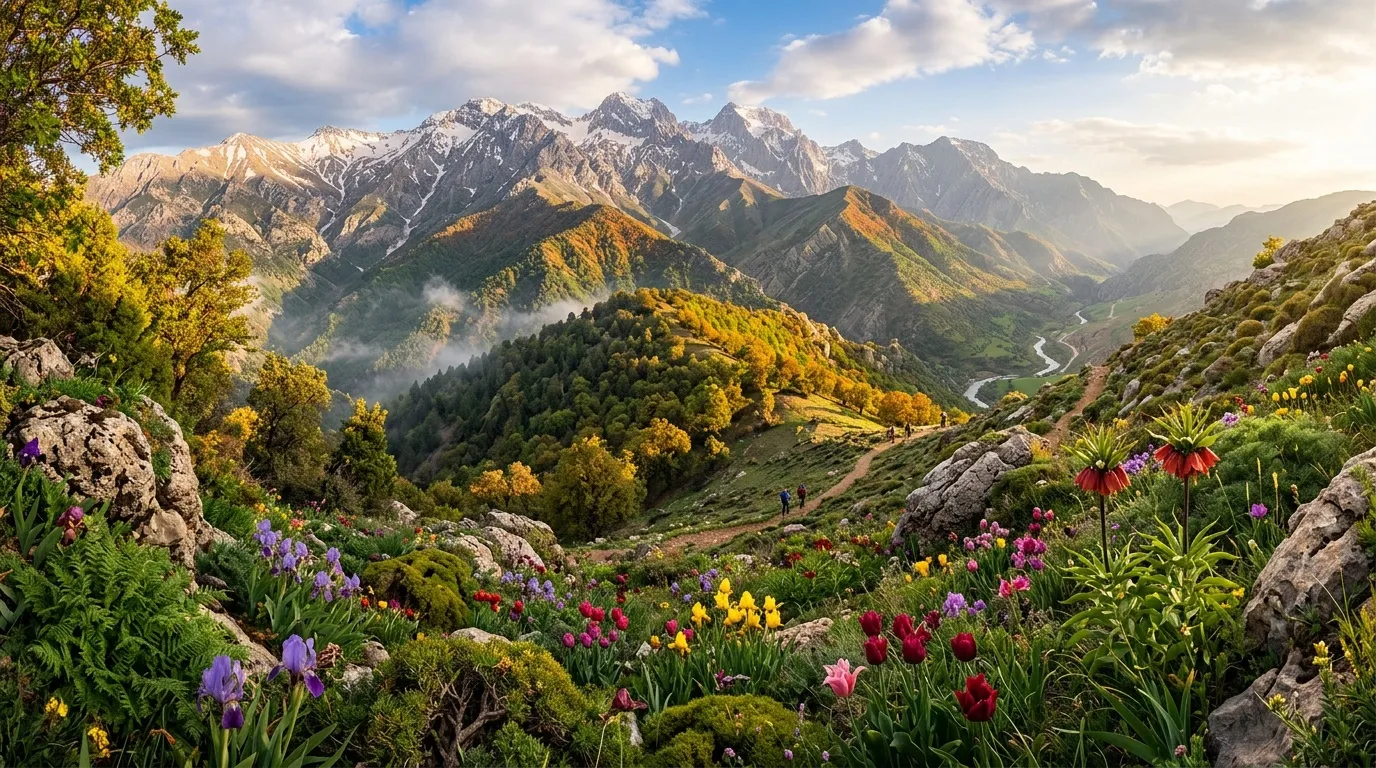 Montagnes enneigées, fleurs colorées, vallée verdoyante avec rivière