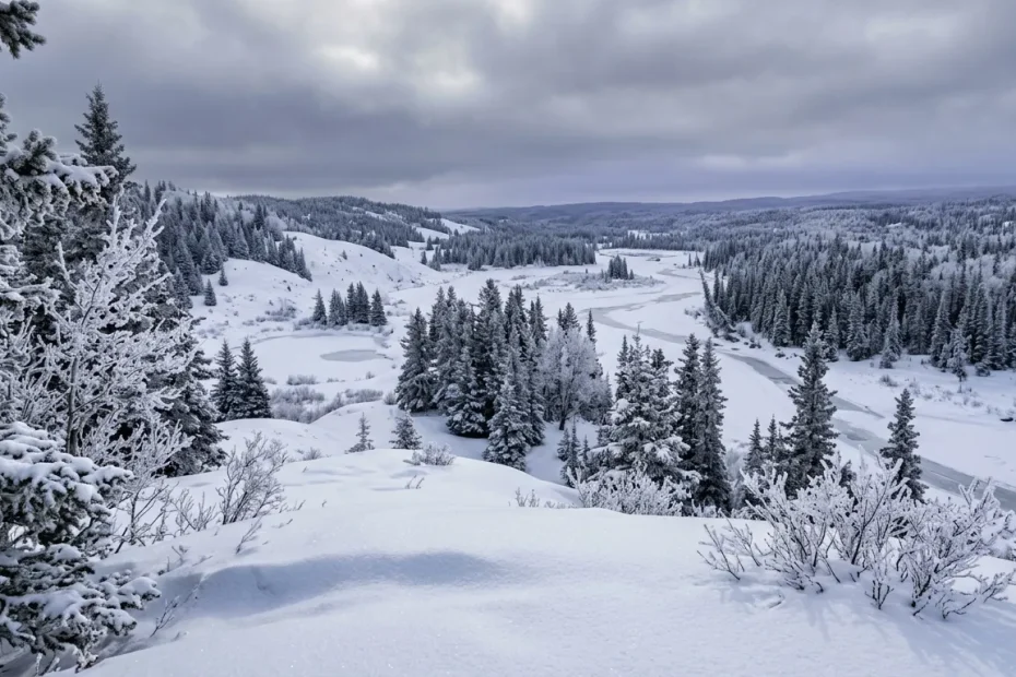Paysage hivernal montagneux avec forêts de conifères et neige