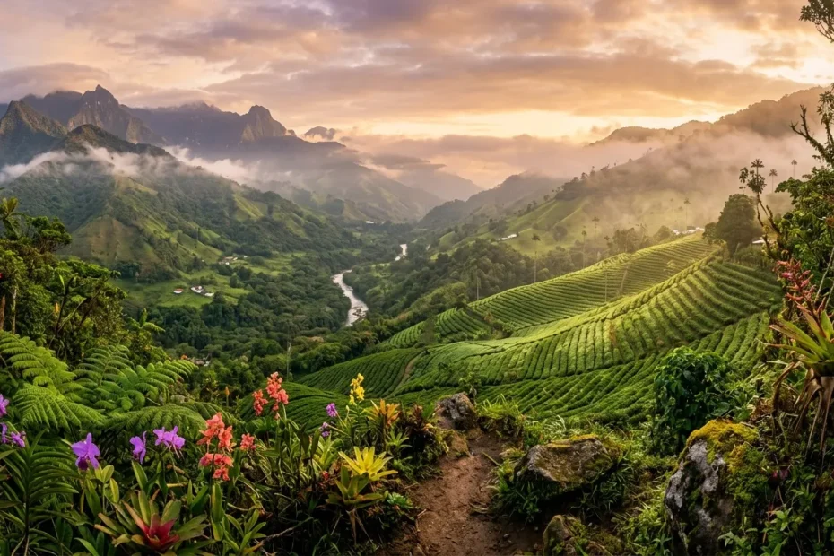 Vallée verdoyante avec plantations, montagnes et brume matinale