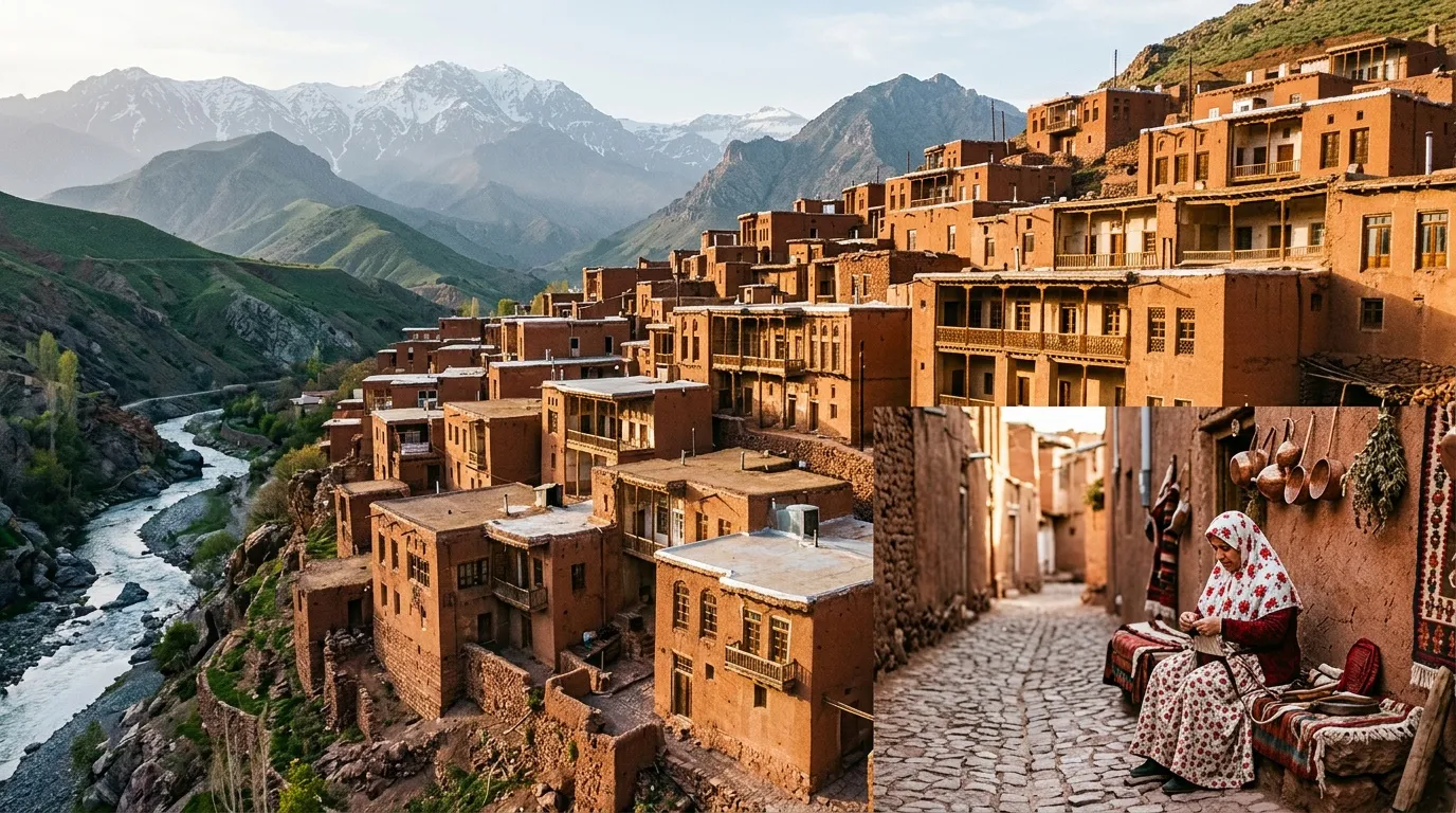 Village berbère traditionnel en terre ocre, montagnes enneigées et rivière